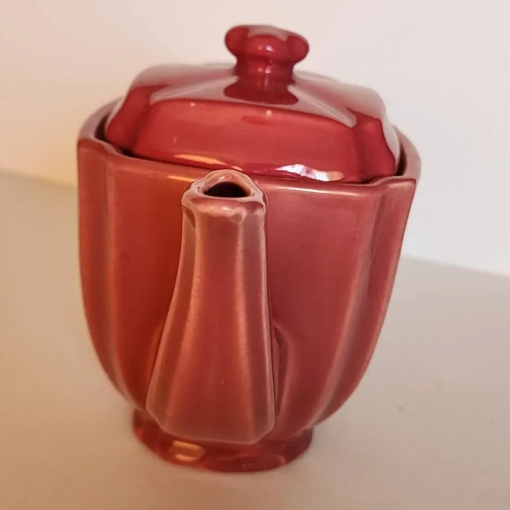 Vintage Hall China Square T-Ball Burgundy Ceramic Art Deco Cubic Design Tea Pot
